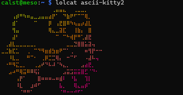 ascii kitty being rainbow-coloured in my terminal, thanks to lolcat. 