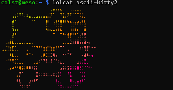 ascii kitty being rainbow-coloured in my terminal, thanks to lolcat.