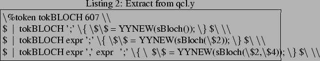 \begin{lstlisting}[frame=trbl, caption=Extract from qcl.y]{}
\%token tokBLOCH 60...
...H expr ',' expr ';' \{ \$\$ = YYNEW(sBloch(\$2,\$4)); \} $\ \\
\end{lstlisting}