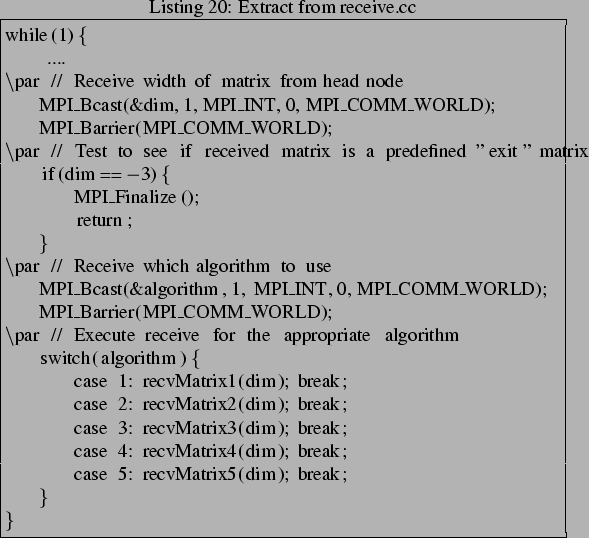 \begin{lstlisting}[frame=trbl,caption=Extract from receive.cc]{}
while(1) {
......
...recvMatrix4(dim); break;
case 5: recvMatrix5(dim); break;
}
}
\end{lstlisting}