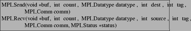 \begin{lstlisting}[frame=trbl]{}
MPI_Send(void *buf, int count, MPI_Datatype dat...
...type, int source, int tag,
MPI_Comm comm, MPI_Status *status)
\end{lstlisting}
