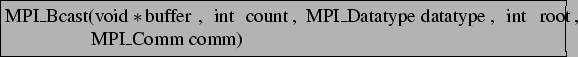 \begin{lstlisting}[frame=trbl]{}
MPI_Bcast(void *buffer, int count, MPI_Datatype datatype, int root,
MPI_Comm comm)
\end{lstlisting}