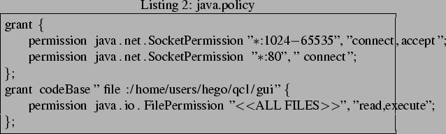 \begin{lstlisting}[frame=trbl,caption=java.policy]{}
grant {
permission java.ne...
... java.io.FilePermission ''<<ALL FILES>>'', ''read,execute'';
};
\end{lstlisting}