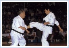 Kase Sensei uses gedan-barai to defend against Shirai Sensei's kicking attack.